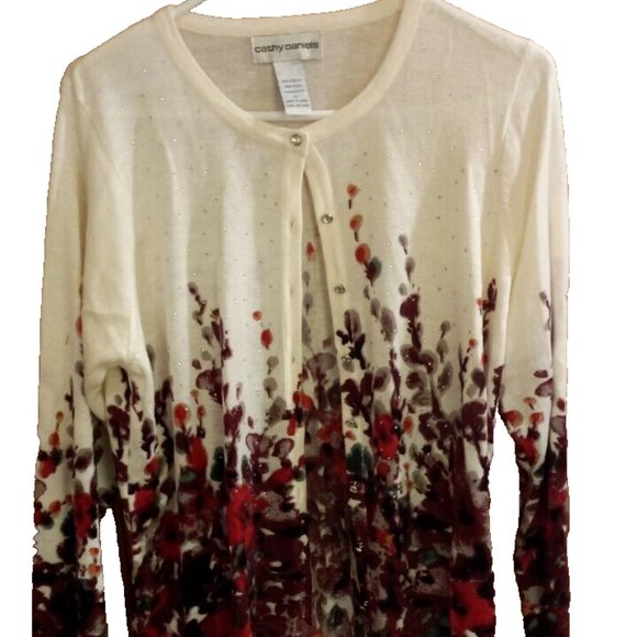 Cathy daniels Womans Button Front Sweater size large roses button front white - Picture 3 of 5